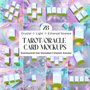 Puede incluir: Un collage de 28 maquetas de cartas de tarot/oráculo con un tema ligero y etéreo. Las cartas presentan un diseño de cielo y paisaje. La imagen incluye el texto "Crystal Light Ethereal Scenes" y "Commercial Use Included | Instant Access."