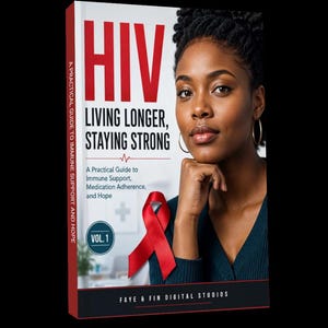 以下が含まれることがあります： HIV Living Longer, Staying Strong, A Practical Guide to Immune Support, Medication Adherence, and Hope, Vol. 1というタイトルの本。表紙には、黒髪の人物と白い背景に赤いリボンが描かれています。