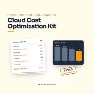 以下が含まれることがあります： AWS、Azure、Google Cloud上の小規模チーム向けCloud Cost Optimization Kitのグラフィック。月次のクラウド請求書、7月から10月までの月間支出を示す棒グラフ、およびSAVED USD 12,312 / yrと記されたスタンプが表示されています。