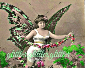 Spring Butterfly Lady, altered vintage postcard, 8x10 print