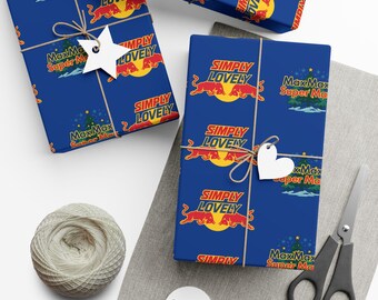 May include: Blue gift wrap with the words "SIMPLY LOVELY" and "Max Max Super Max" printed on it. The wrap features a repeating pattern of a logo with a red bull and a yellow circle. The gifts are tied with twine and decorated with white paper cutouts.