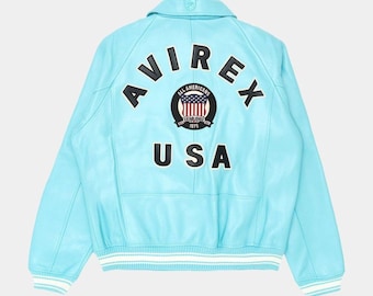Handmade Mens Avirex Cowhide Geniune Leather Avirex Bomber Real Leather Jacket Sky Blue Avirex Leather Jacket
