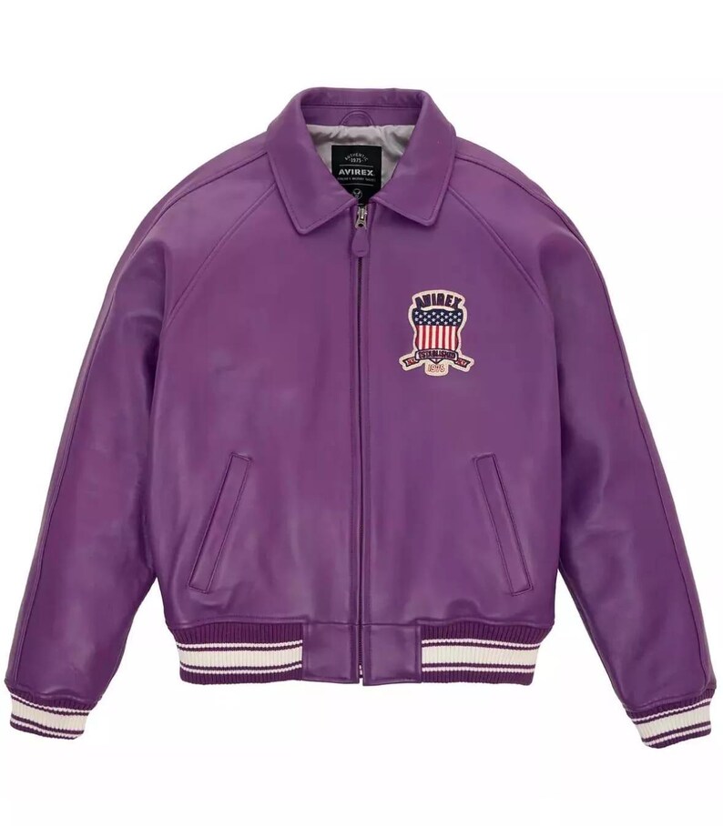 Handmade Mens Avirex Cowhide Geniune Leather Avirex Bomber Real Leather Jacket Purple Avirex Leather Jacket image 2