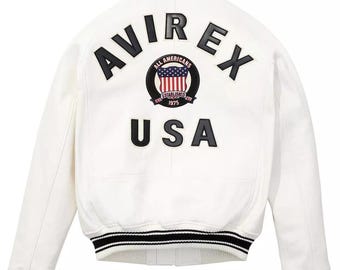 Handmade Mens Avirex Cowhide Geniune Leather Avirex Bomber Real Leather Jacket White Avirex Leather Jacket