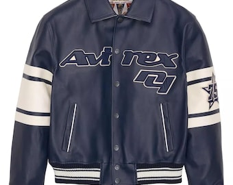 Handmade Mens Bronx USA Avirex Cowhide Geniune Leather Avirex Bomber Real Leather Jacket Navy Blue Avirex Leather Jacket