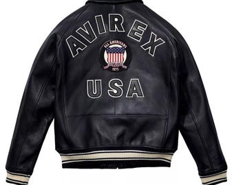 Handmade Mens Avirex Cowhide Geniune Leather Avirex Bomber Real Leather Jacket Black Avirex Leather Jacket
