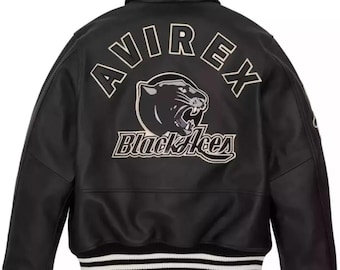 Handmade Mens Avirex Cowhide Leather Bomber Jacket: Black Ace Lion