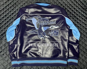 Handmade Mens Avirex Cowhide Leather Bomber Jacket: Blue Eagle
