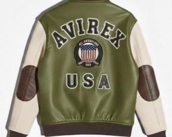 Chaqueta Avirex de piel de vaca auténtica para hombre, hecha a mano, color verde oliva con mangas blancas.