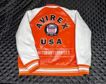 Handmade Mens Cowhide Leather Avirex Bomber Jacket: Orange & White