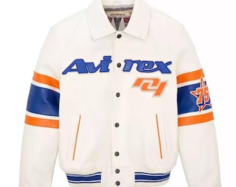 Handmade Mens New York USA Avirex Cowhide Geniune Leather Avirex Bomber Real Leather Jacket White Avirex Leather Jacket