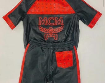 Handmade MCM Leather Shorts Set Red Leather Suit MCM Moto Suit Men mcm Biker Leather Suit MCM Leather Suit Mcm Suit With Leather Hat