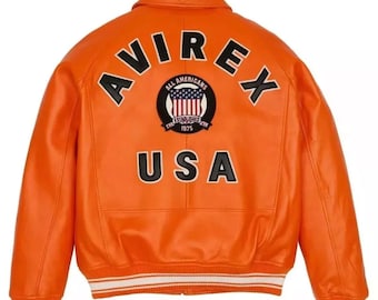 Handmade Mens Avirex Cowhide Geniune Leather Avirex Bomber Real Leather Jacket Orange Avirex Leather Jacket