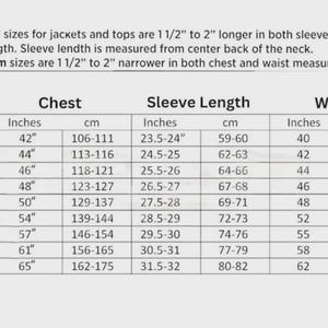 May include: A size chart for men's jackets and tops, with measurements in inches and centimeters. The chart includes chest, sleeve length, and waist measurements for sizes XS to 5XL. The text also mentions tall and slim sizes.