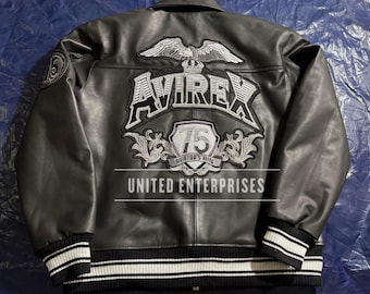 Handmade Mens Avirex Black Cowhide Leather Bomber Jacket