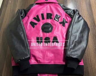 Handmade Mens Cowhide Leather Avirex Bomber Jacket, Pink and Black