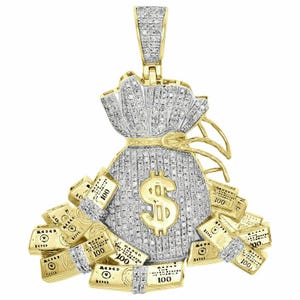 May include: A gold and diamond pendant in the shape of a money bag with a dollar sign. The bag is overflowing with bundles of $100 bills. The pendant is encrusted with diamonds.