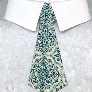 Formal Dog Collar Shirt & Detachable Cream Colored Bow Tie / Necktie with a Green Scroll Print
