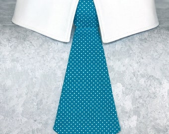 Teal Dog Bow Tie or Necktie with White Micro Dots, Detachable Collar