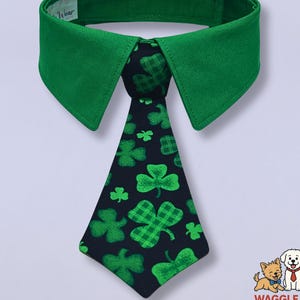 May include: A green dog collar with a removable tie. The tie is black with a green shamrock pattern. The text "Collar with Removable Tie" is at the top. The text "Easy to change ties for each holiday or season" is at the bottom.