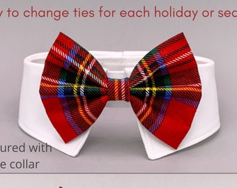 Christmas Red and Green Plaid Neck Tie or Bow Tie + Collar Set,  Holiday Festive Plaid Dog Tie with Your Choice of Collar Color