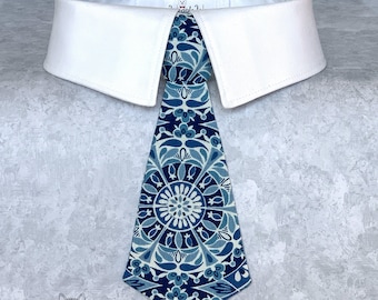 Formal Dog Tie with Blue Medallion Paisley Print, Detachable Wedding Dog Bowtie, Dog Neck Tie with Your Choice of Collar Color