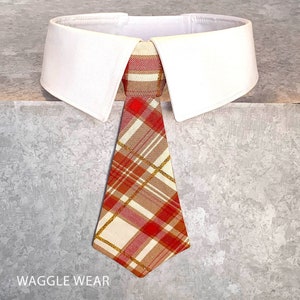 Detachable Red, Gold and Tan Plaid Thanksgiving Dog Tie or Bow Tie with Gold Metallic Stripes with or Without Collar