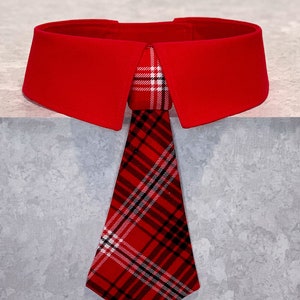 Detachable Red, Black and White Plaid Dog Necktie or Bowtie with Your Choice of Collar Color