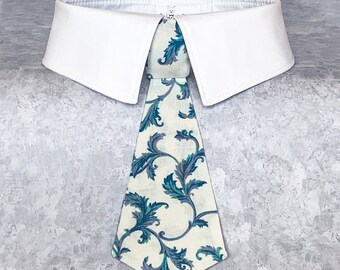 Formal Dog Tie with Green and Gray Vine Scrolls Print, Removable Wedding Dog Bowtie, Detachable Dog Necktie with Your Choice of Collar Color