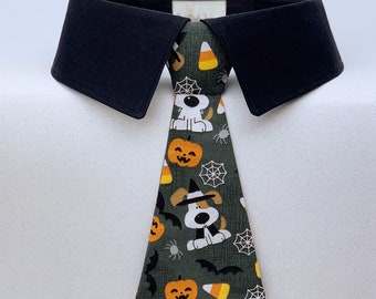 Removable Thanksgiving and Halloween Dog Tie or Bow Tie with Pilgrim Dogs, Pumpkins, Spider Webs and Candy Corn