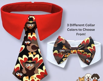 Thanksgiving Dog Bow Tie Collar,  Handmade Pilgrim Turkey Dog Bowtie