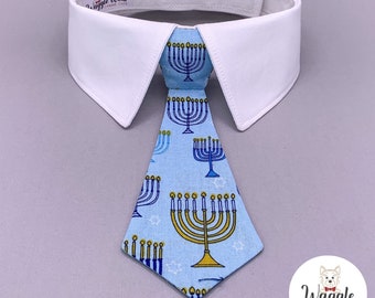 Festival of Lights Menorah Neck Tie or Bow Tie + Collar Set, Blue Hanukkah Dog Tie with Menorahs Your Choice of Collar Color