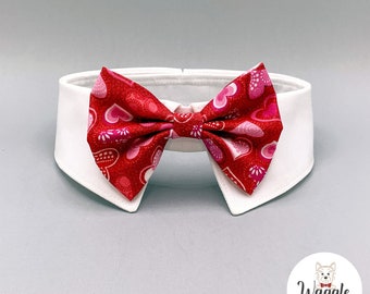 Individual Sparkly Hearts on Dark Red Valentines Day Dog Necktie or Bow Tie For Use with Waggle Wear Collars (Collar Not Included)