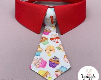 Colorful Cupcakes Dog Neck Tie or Bow Tie + Collar,  Happy Birthday Cup Cake Dog Tie, Party Dog Tie with Your Choice of Collar Color