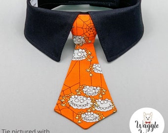 Halloween Cute Spiders Neck Tie or Bow Tie + Collar Set,  Spiders & Spider Web Halloween Dog Tie with Your Choice of Collar Color