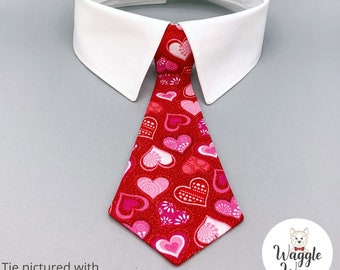 Big Sparkly Hearts on Dark Red Neck Tie or Bow Tie + Collar Set,  Valentines Red and Pink Hearts Dog Tie with Your Choice of Collar Color