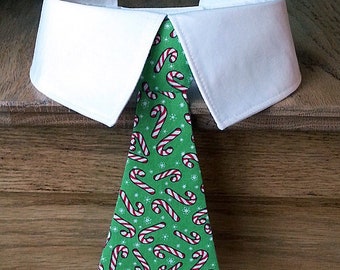 Christmas Green Dog Tie with Candy Canes, Christmas Dog Tie, Holiday Dog Neck Tie, Holiday Dog Bow Tie and Shirt Collar