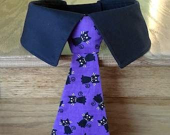 Purple Halloween Dog Tie with Black Cats and Collar, Halloween Dog Bow Tie, Halloween Dog Neck Tie, Removable Dog Tie