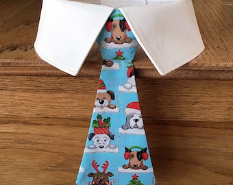 Blue Christmas Dog Tie with Christmas Dogs and Glitter, Detachable Holiday Dog Bow Tie, Your Choice of Collar Color