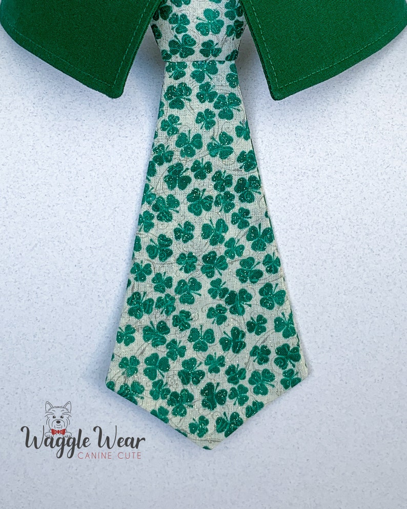 St Patricks Dog Bowtie, St Patricks Day Dog Necktie, Glittery Green Shamrock Bow Tie, Your Choice of Collar Color image 3