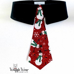 Detachable Sparkly Snowmen on Dark Red Background Detachable Dog Tie or Bow Tie, Winter Snowmen Dog Necktie, Your Choice of Collar Color image 4