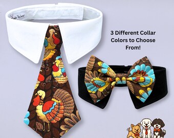 Thanksgiving Dog Bow Tie Collar,  Handmade Big Colorful Turkey Dog Bowtie