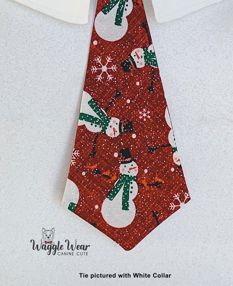 Detachable Sparkly Snowmen on Dark Red Background Detachable Dog Tie or Bow Tie, Winter Snowmen Dog Necktie, Your Choice of Collar Color image 3