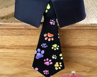 Black Dog Tie with Colorful Paw Prints, Dog Bow Tie, Dog Neck Tie, Dog Tie for Big Dogs, Dog Tie for Small Dogs