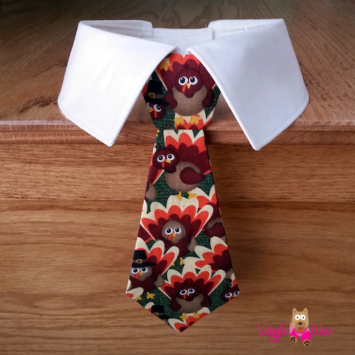 Thanksgiving Dog Bow Tie or Neck Tie with Turkeys, Removable Thanksgiving Dog Tie and Shirt Collar