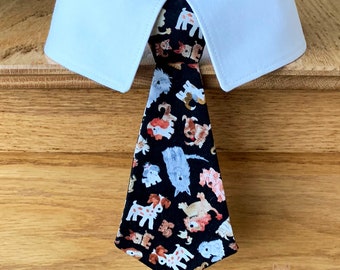 Detachable Black Dog Tie with Dogs of Various Breeds, Dog Bow Tie or Dog Necktie with Cute Dog Print, Your Choice of 8 Collar Colors