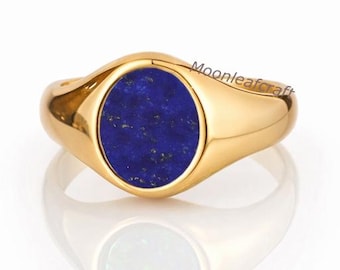 Anillo de sello ovalado de lapislázuli, plata de ley 925 maciza, joyería unisex con piedras preciosas.