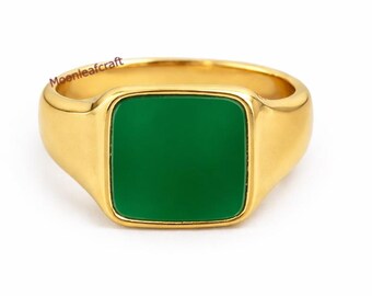 Anillo de sello de ónix verde vermeil de oro amarillo y plata de ley 925, joyería unisex hecha a mano