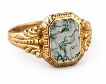 Anillo de sello octogonal de ágata musgosa, anillo llamativo de plata de ley, joyería inspirada en la naturaleza.