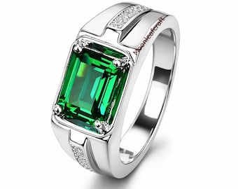 Anillo verde esmeralda de plata de ley 925 con corte esmeralda, joya de regalo para hombre.